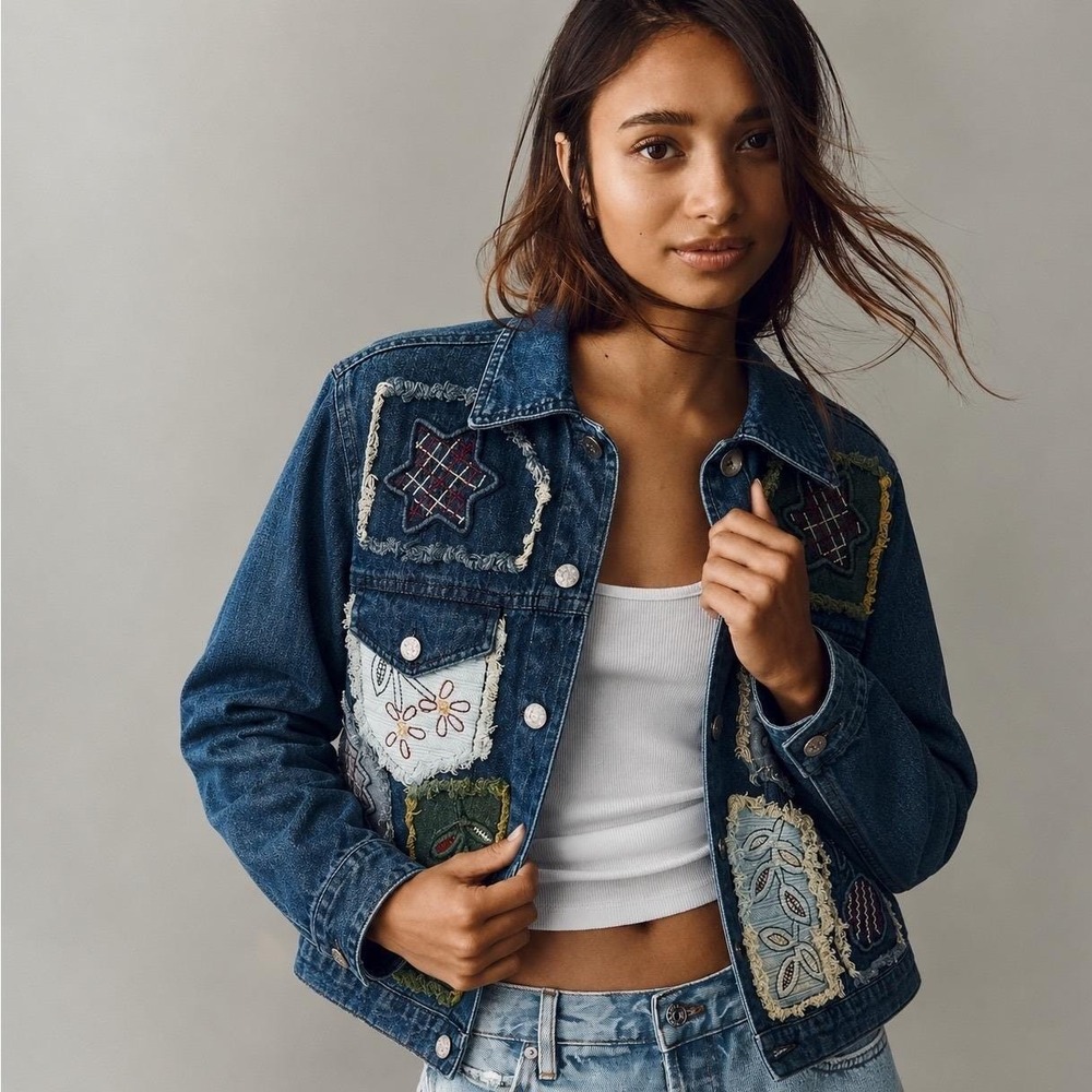 New Directions Boho Patchwork Denim Slouchy Jacket Womens Sz L Blue Cottagecore